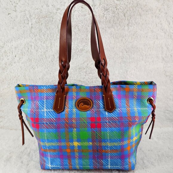 DOONEY & BOURKE Pastel Blue Tartan Plaid Nylon Coated Canvas Lg Tote Shopper - Picture 15 of 15
